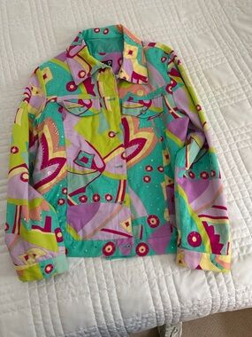 Red Colorful Abstract Print Denim Jacket in Turquoise, Lime & Lavender
